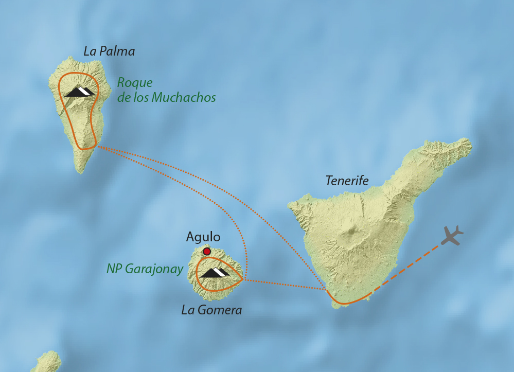 Mapa trasy zájezdu Ostrovy La Gomera a La Palma