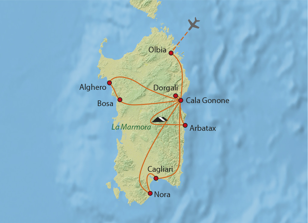 Mapa trasy zájezdu Perla středomoří Sardinie - hotel