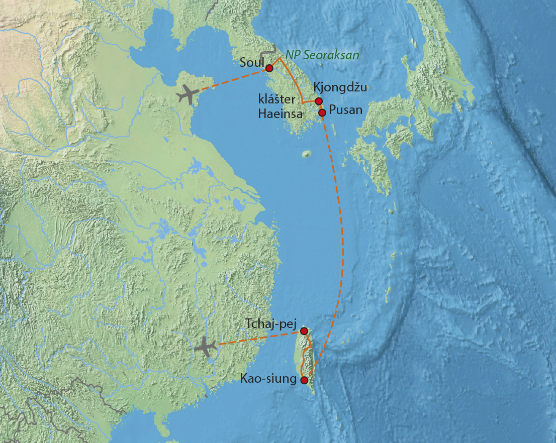 Mapa trasy zájezdu Perly Jižní Koreje a Tchaj-wanu