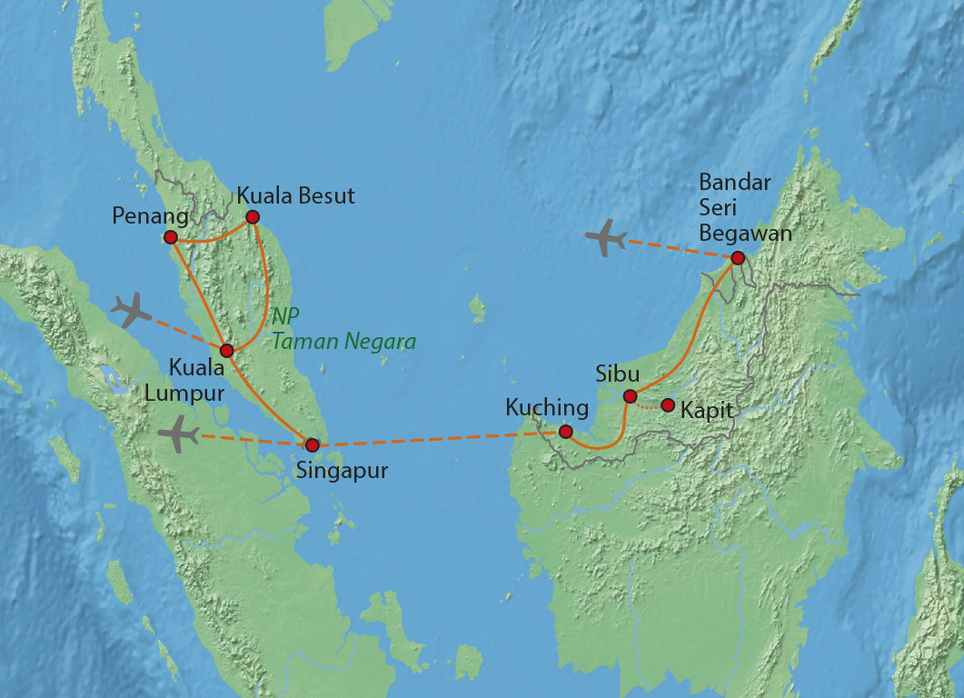 Mapa trasy zájezdu Po stopách Sandokana + Borneo a Brunej