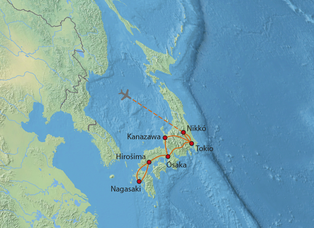 Mapa trasy zájezdu Japonsko