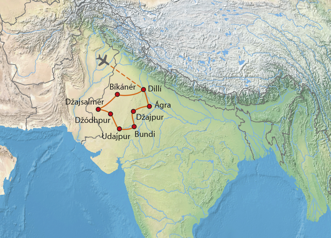 Mapa trasy zájezdu Pohádkový Rádžasthán