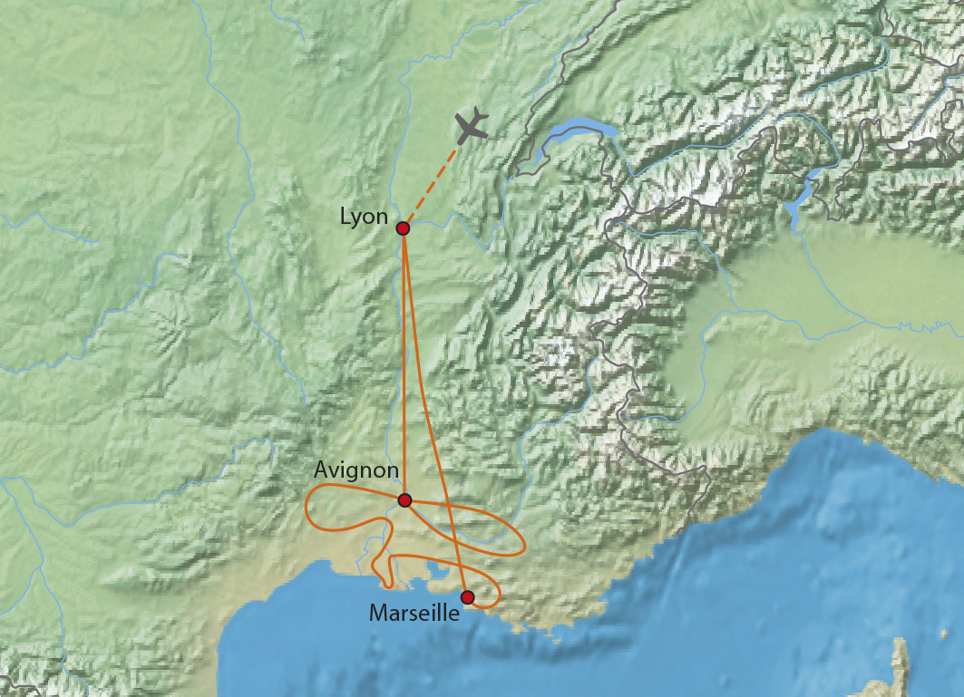 Mapa trasy zájezdu Provence s vůní levandule