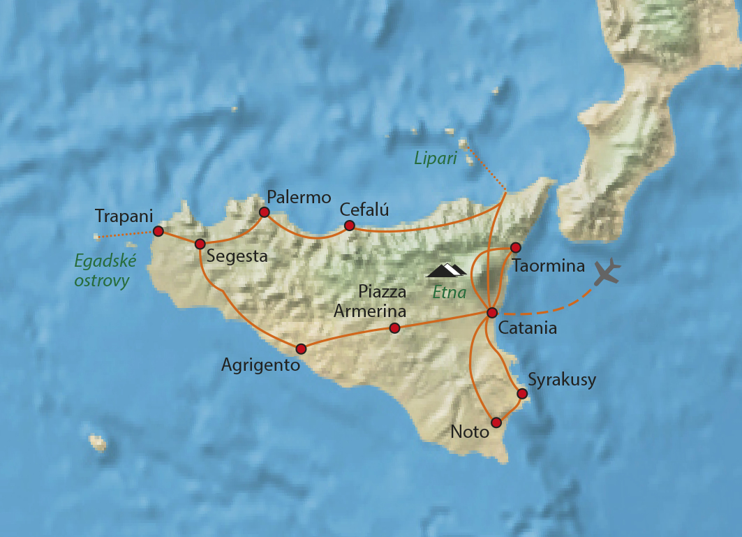 Mapa trasy zájezdu Sicílie a Liparské ostrovy
