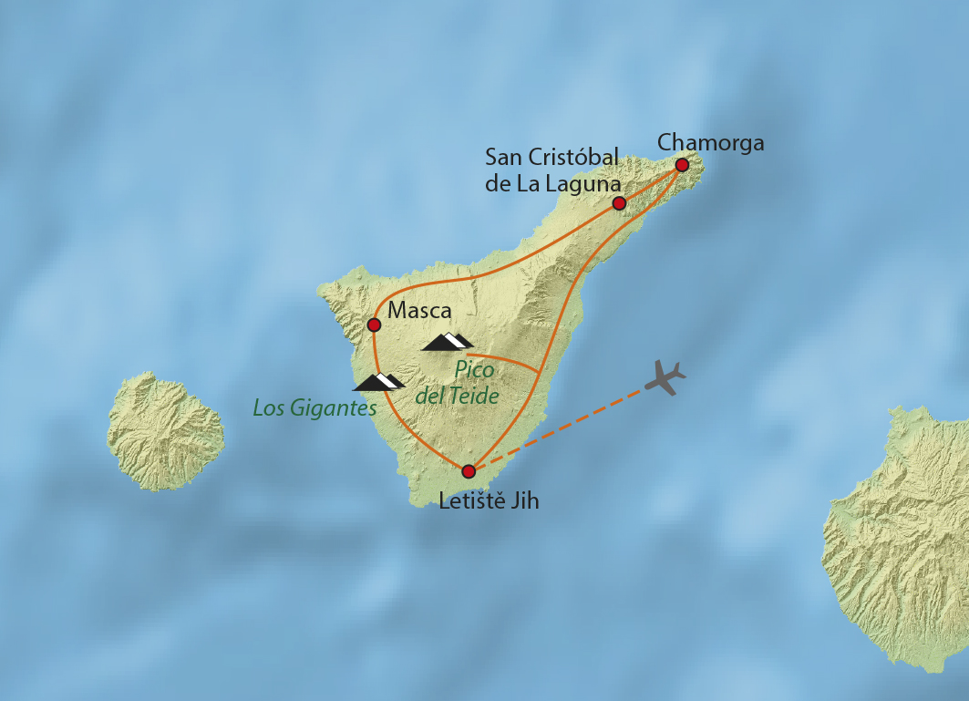 Mapa trasy zájezdu Sopky a soutěsky Tenerife