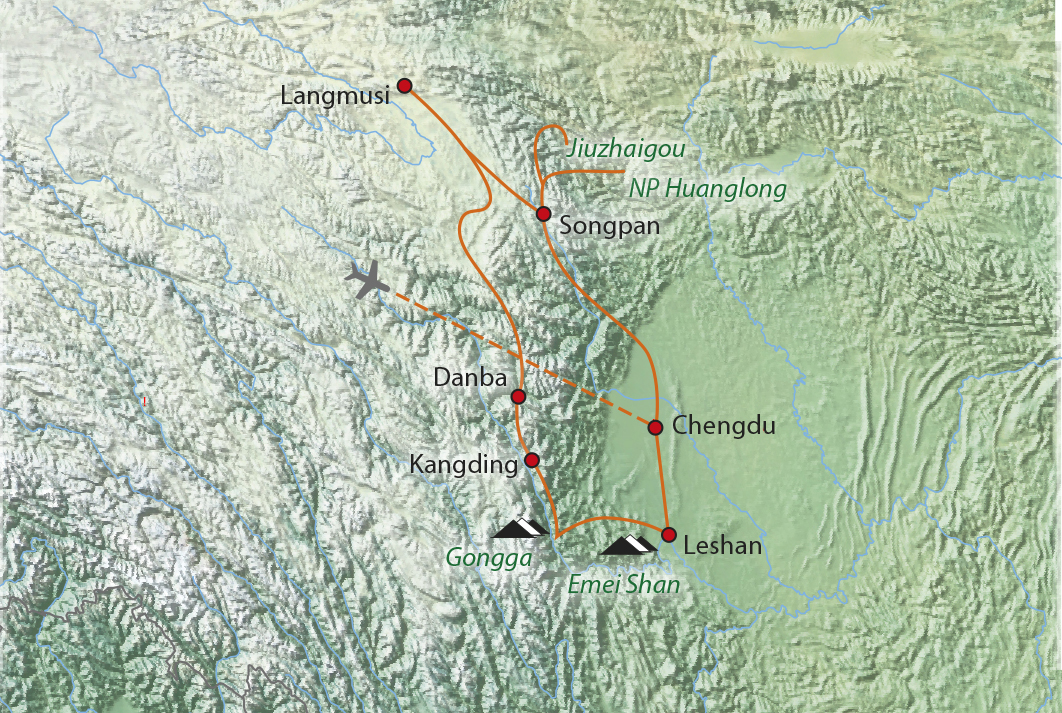 Mapa trasy zájezdu Tibetské šperky Sečuánu