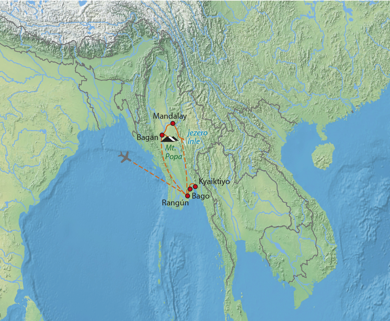 Mapa trasy zájezdu To nejlepší z Barmy s prodloužením u moře