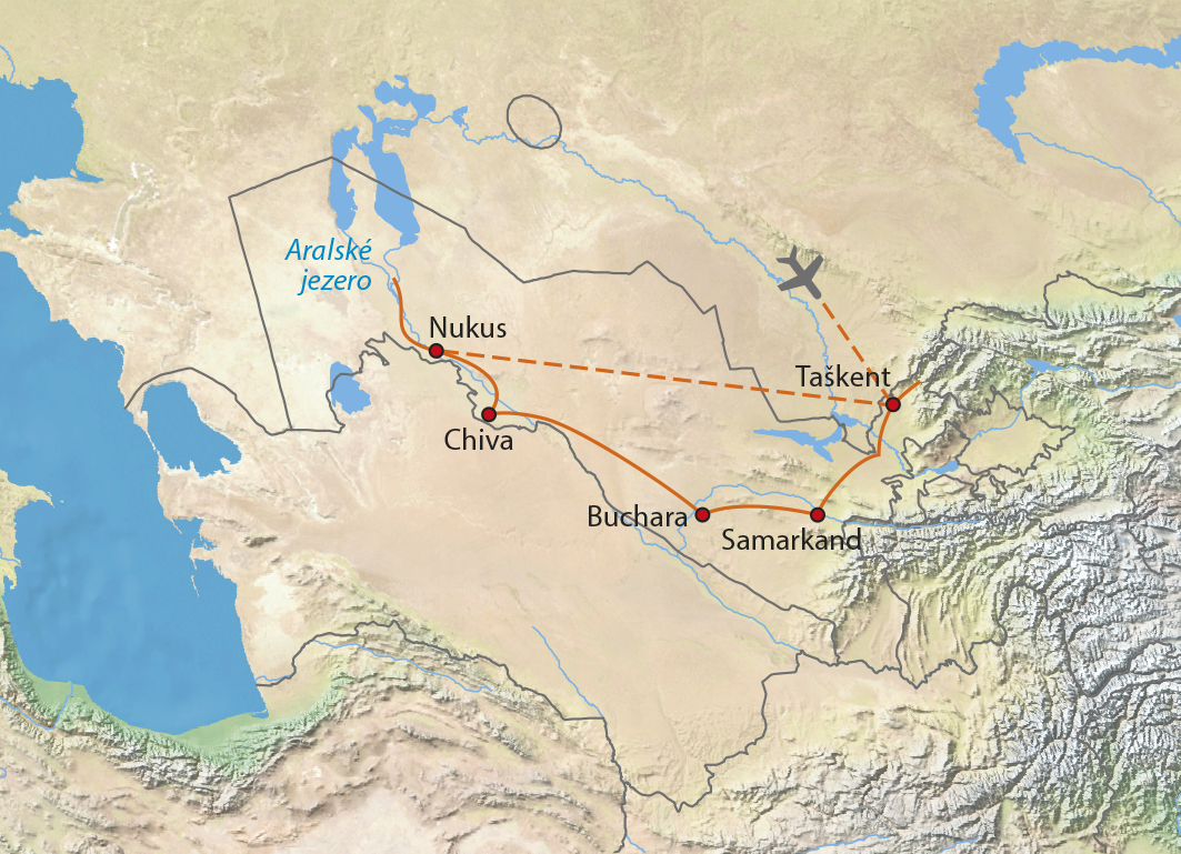 Mapa trasy zájezdu Uzbekistán - srdce Střední Asie