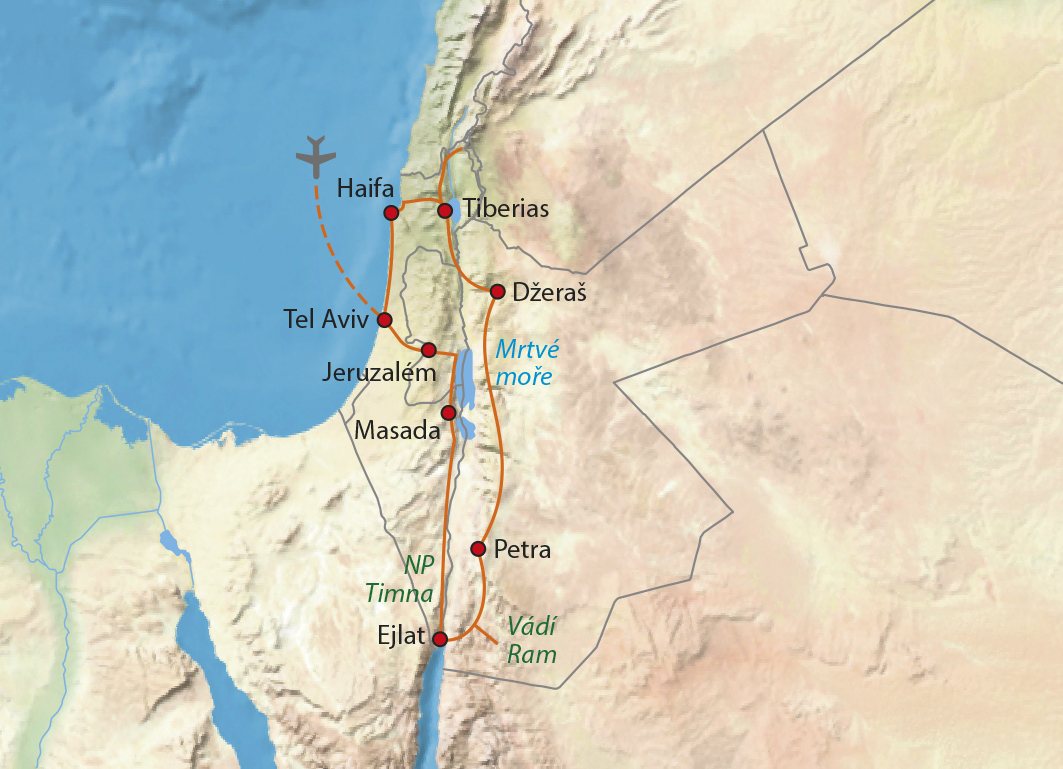 Mapa trasy zájezdu Velká cesta Izraelem a Jordánskem