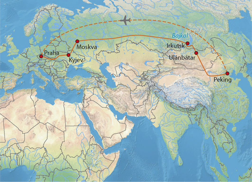 Mapa trasy zájezdu Vlakem z Čech až do Pekingu