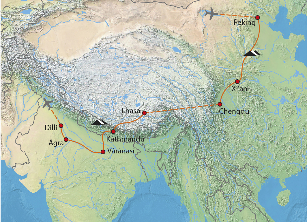 Mapa trasy zájezdu Z Pekingu až do Dillí
