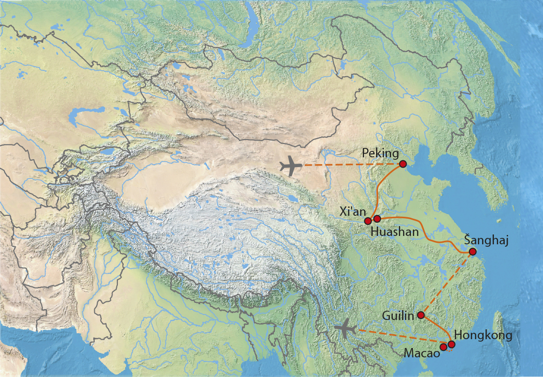 Mapa trasy zájezdu Za dědictvím Číny