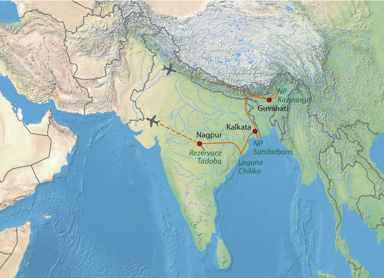 Mapa trasy zájezdu Za přírodou Indie