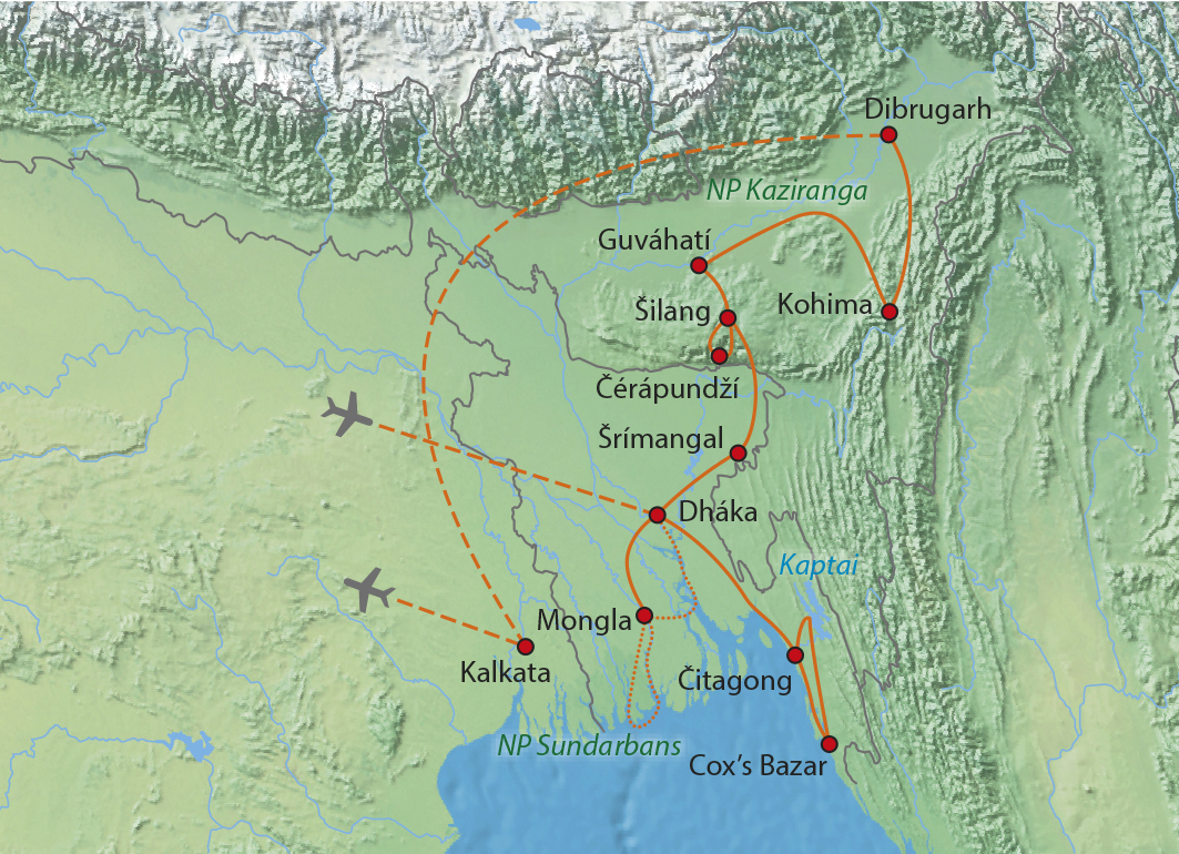 Mapa trasy zájezdu Země bez turistů - Bangladéš (nejen) pro fotografy