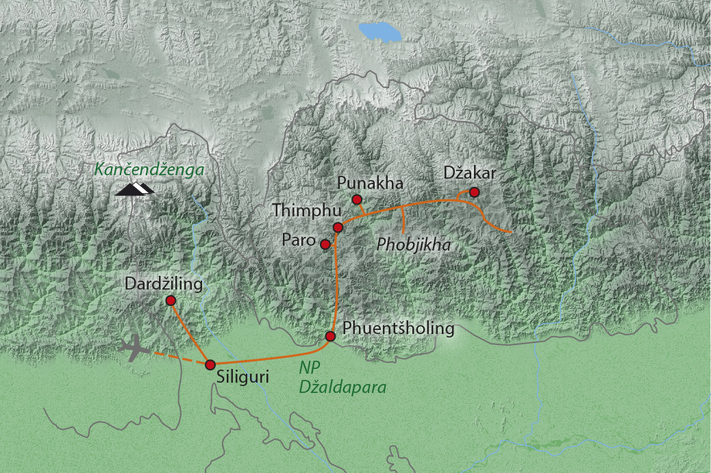 Mapa trasy zájezdu Země hřmícího draka