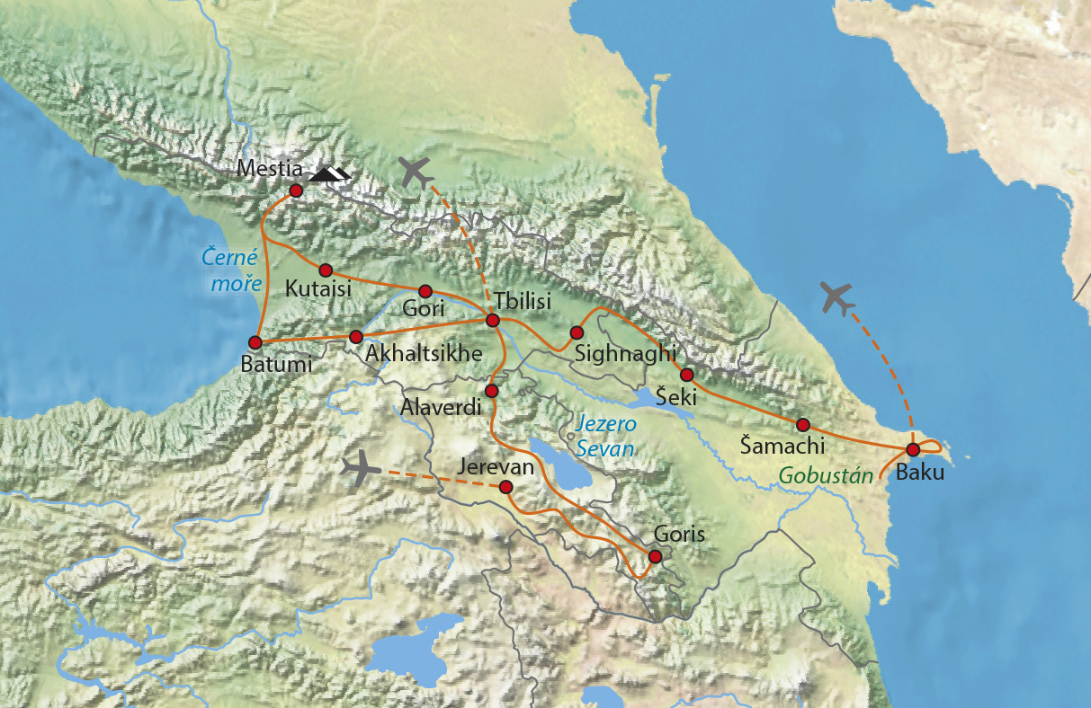 Mapa trasy zájezdu Zeměmi jižního Kavkazu