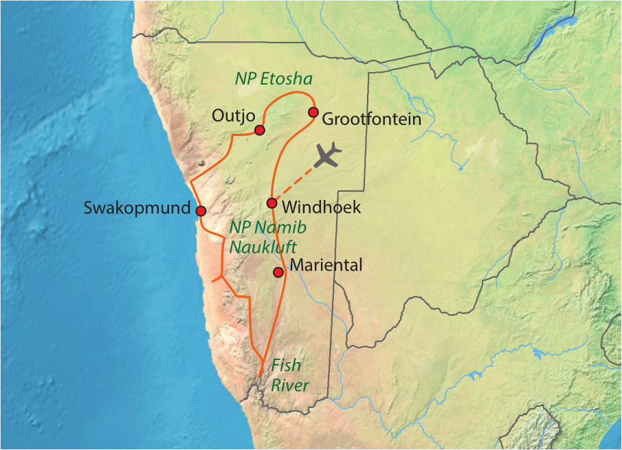 Mapa trasy zájezdu Namibie - diamant černé Afriky