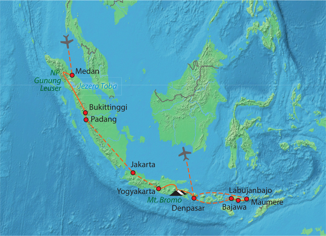 Mapa trasy zájezdu Ostrovní Indonésií