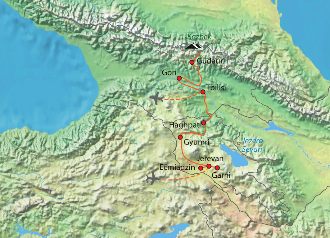 Mapa trasy zájezdu Gruzie, Arménie
