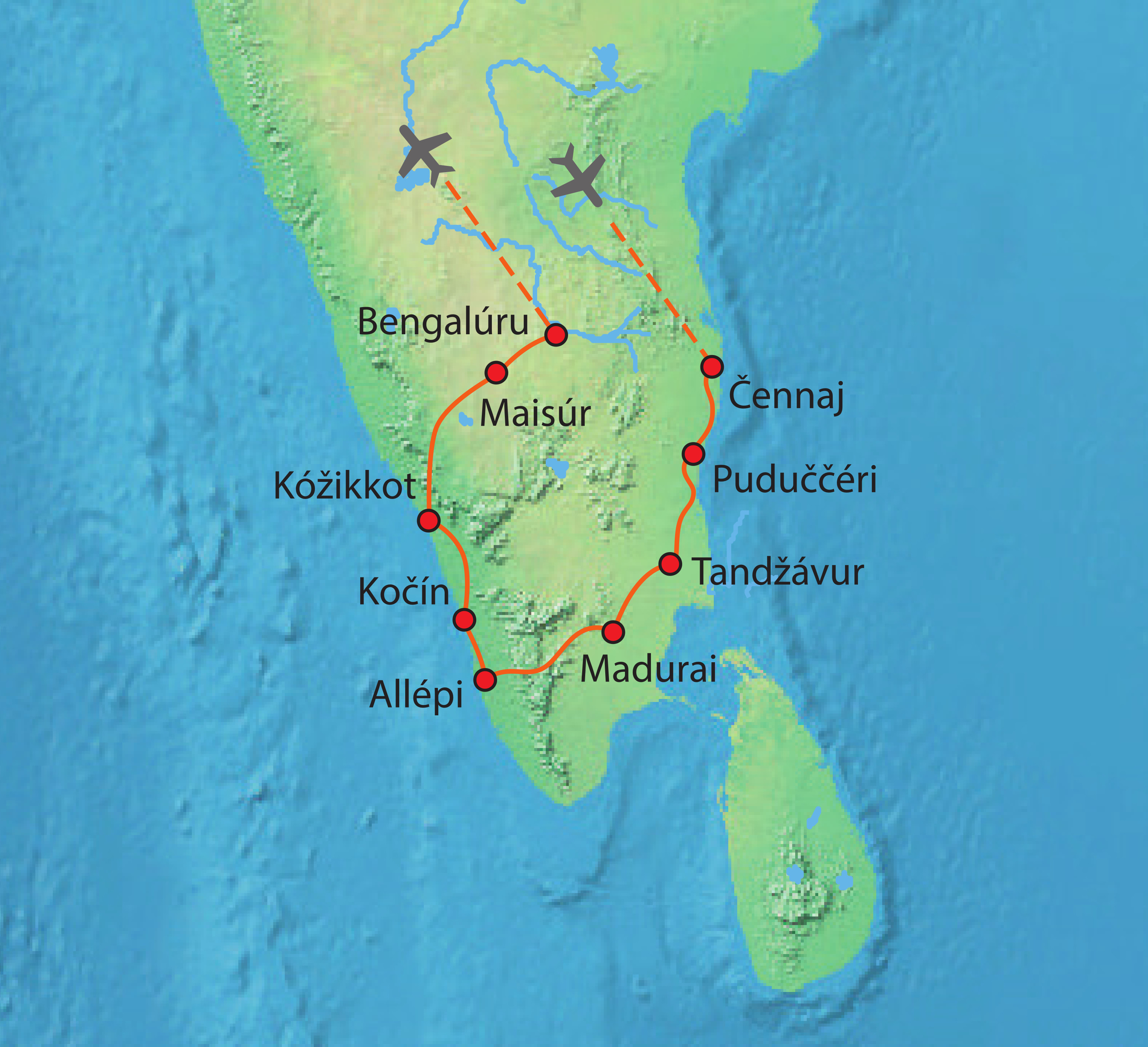 Mapa trasy zájezdu Perly jižní Indie