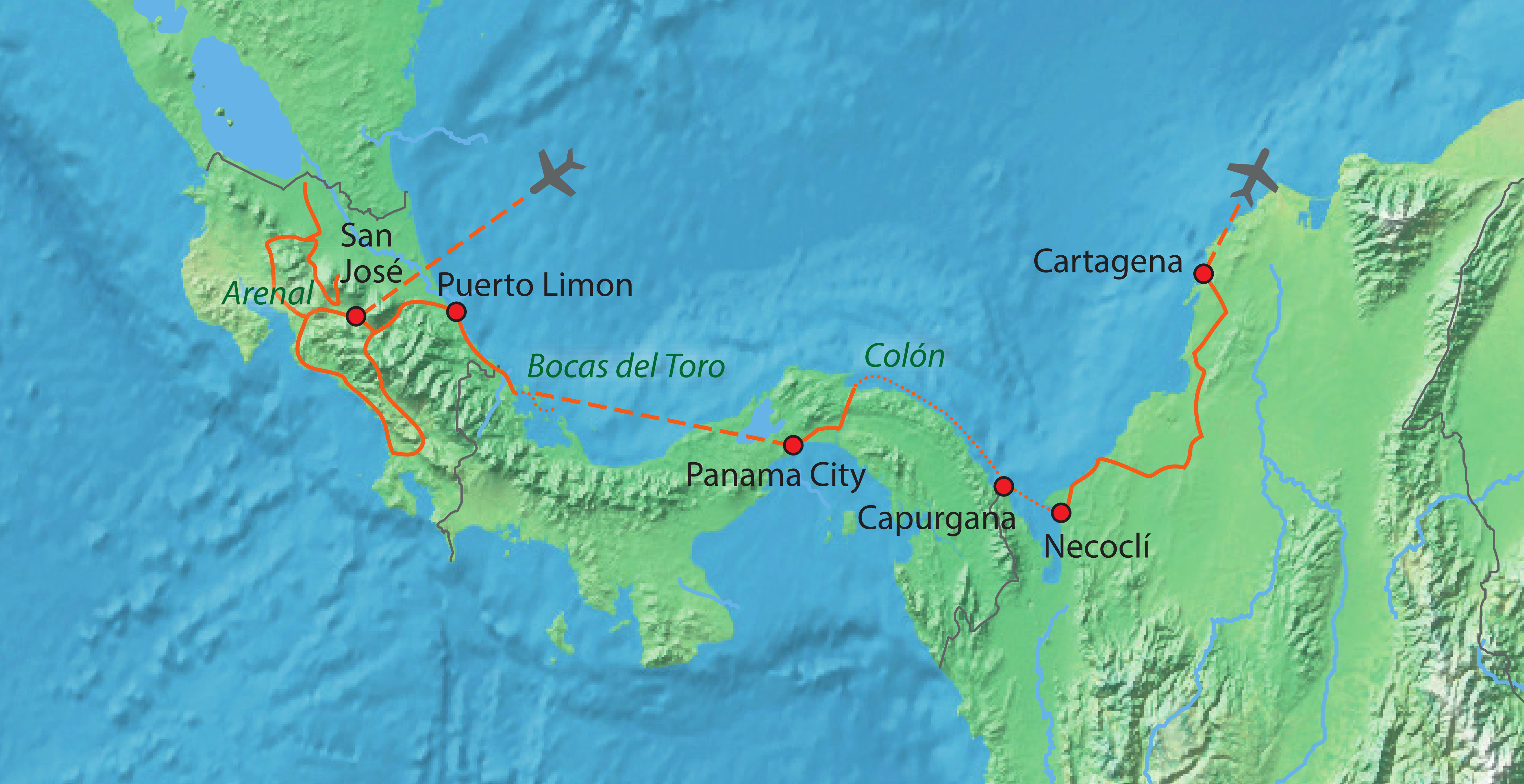 Mapa trasy zájezdu Tropy a moře Panamské šíje - dobrodružně