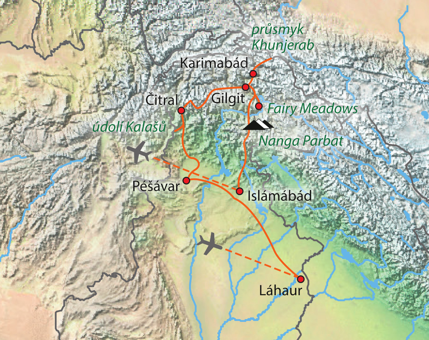 Mapa trasy zájezdu To nejlepší ze severního Pákistánu