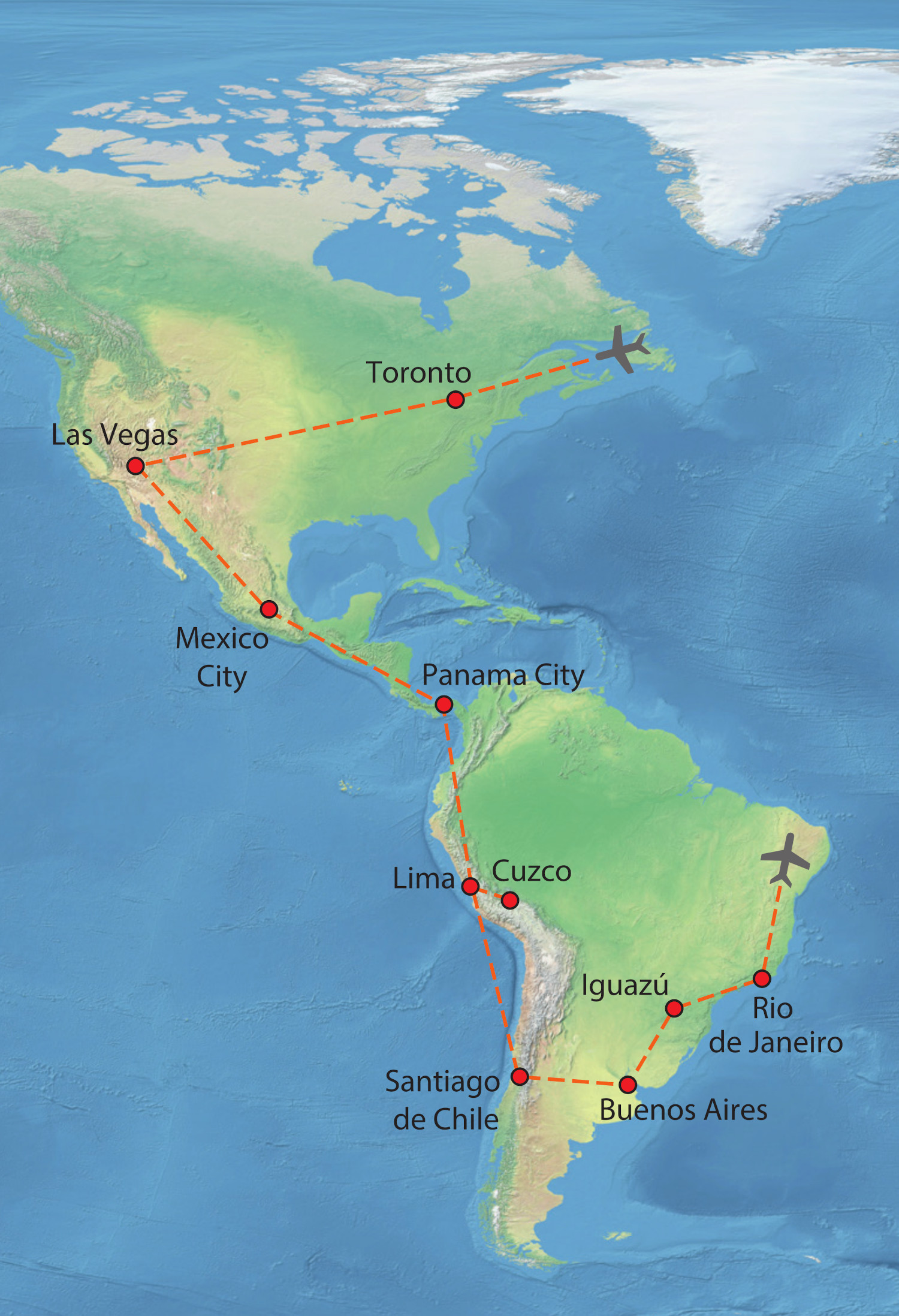 Mapa trasy zájezdu Objevte Ameriku