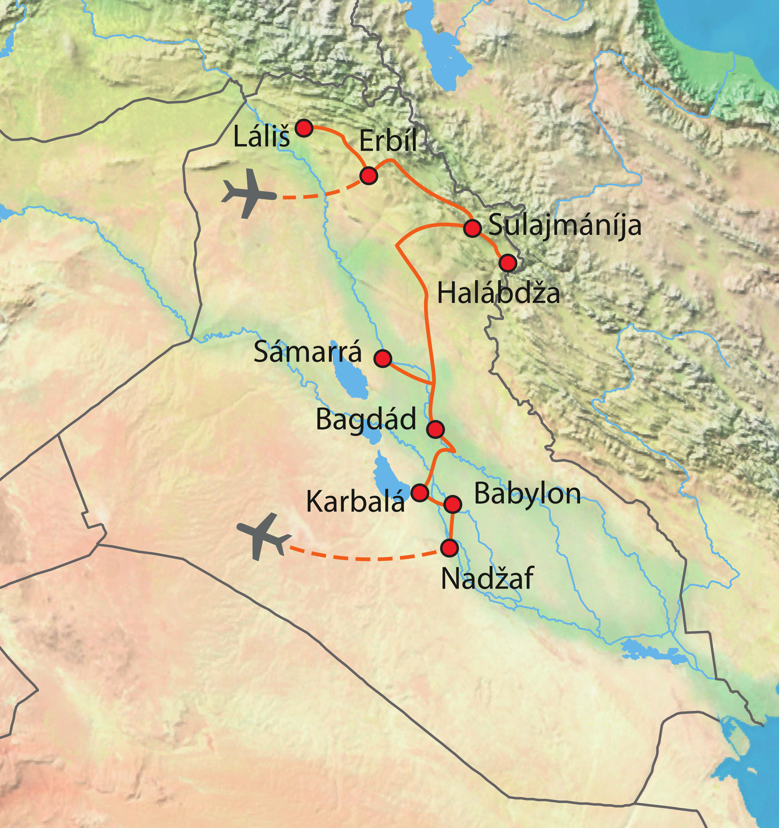 Mapa trasy zájezdu Irák - kolébka civilizace