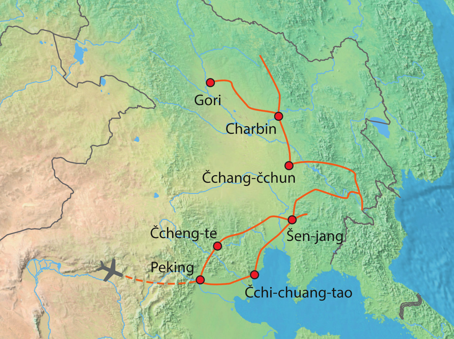 Mapa trasy zájezdu Do země Mandžuů