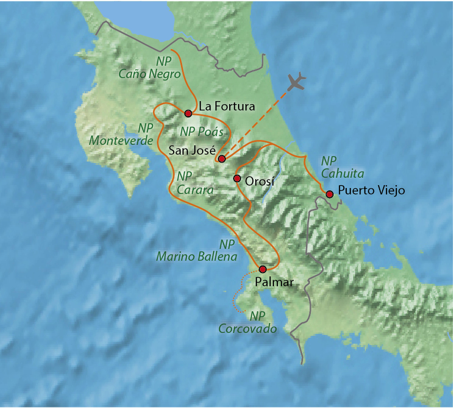 Mapa trasy zájezdu Národní parky Kostariky