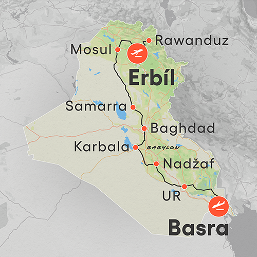 Mapa trasy zájezdu Irák - kolébka civilizace