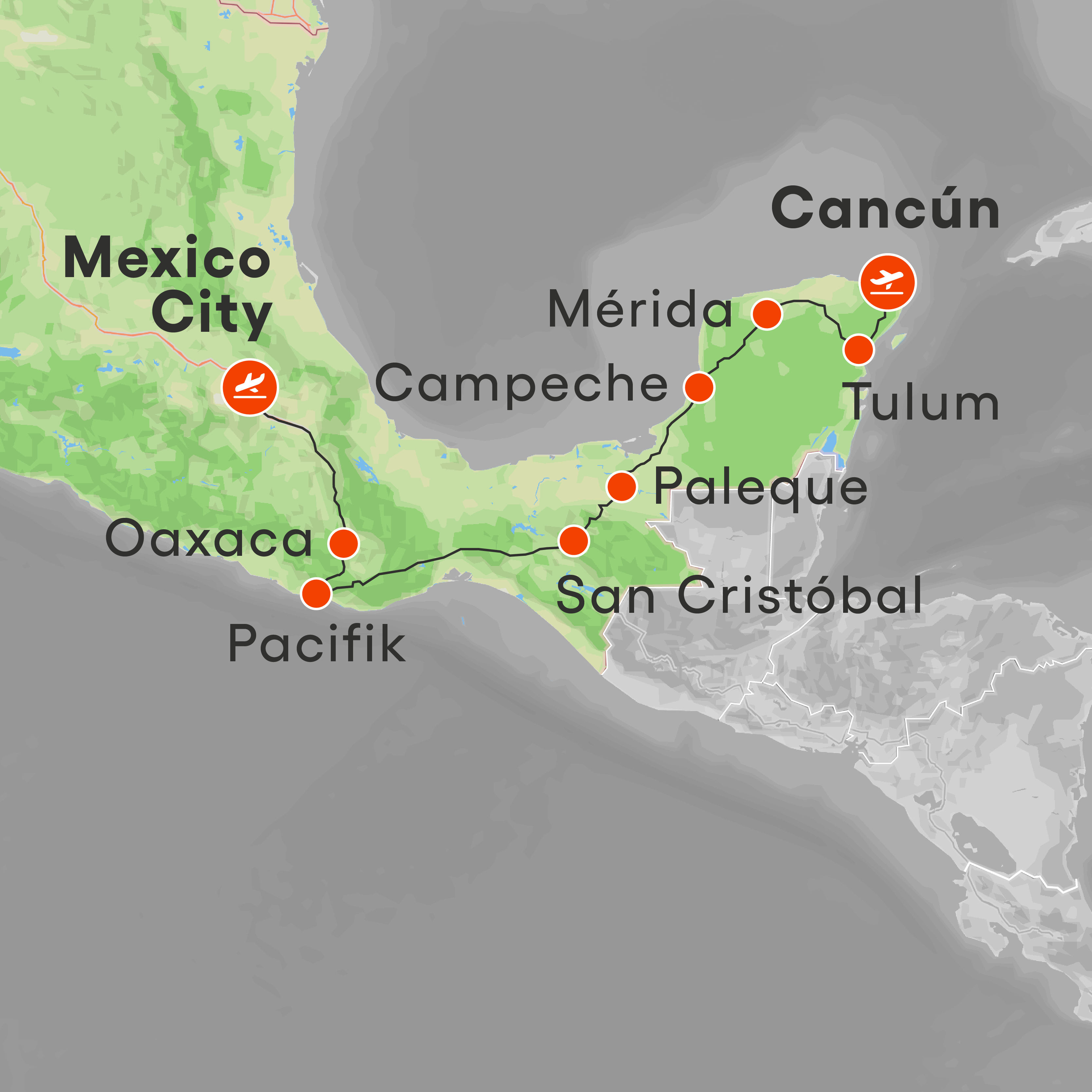 Mapa trasy zájezdu Cesta Mexikem staré