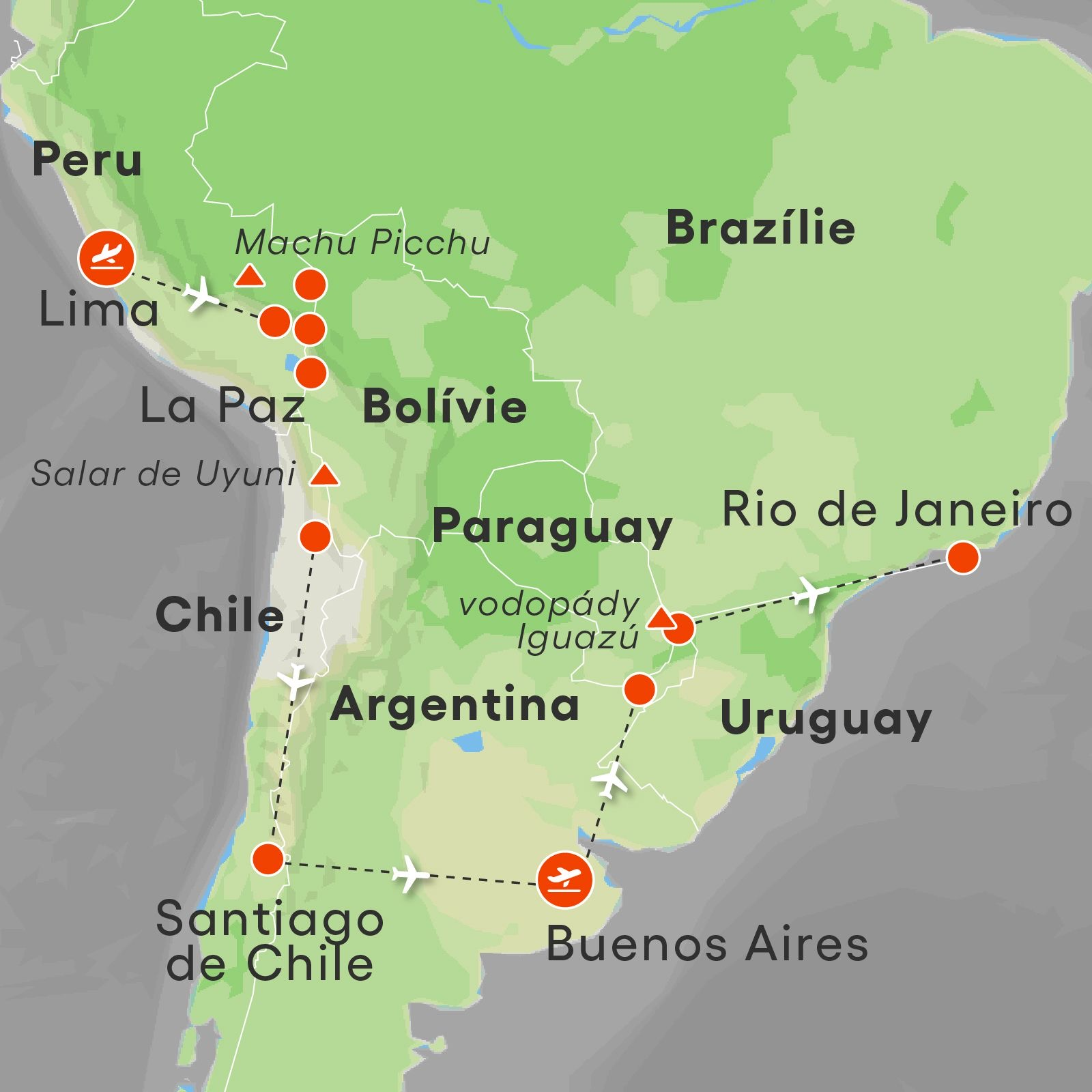 Mapa trasy zájezdu Velká cesta Jižní Amerikou
