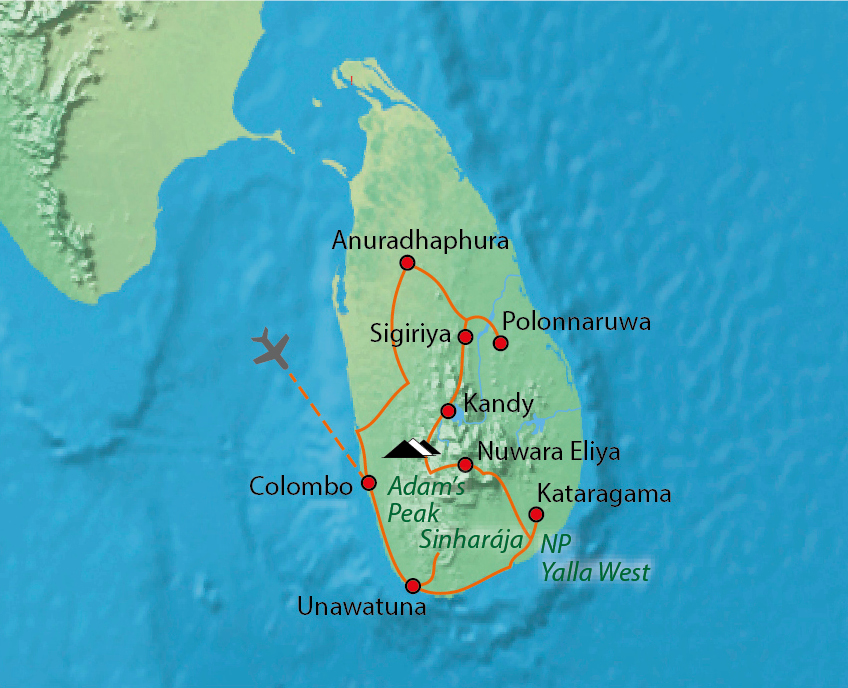 Mapa trasy zájezdu Cejlon - tropický ráj zvířat s plavbou na Maledivách