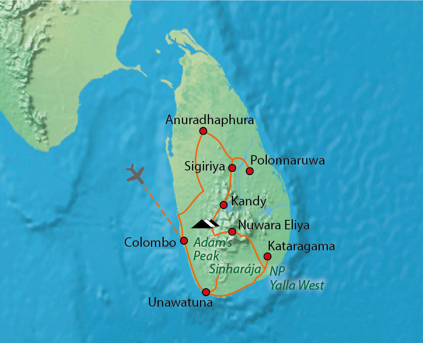 Mapa trasy zájezdu Cejlon - tropický ráj zvířat